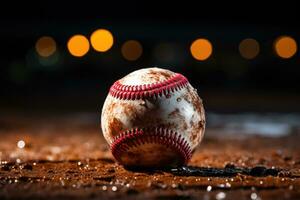 ai generiert Sport Stadion mit Baseball Ball beim Nacht Hintergrund zum Hintergrund Werbung foto