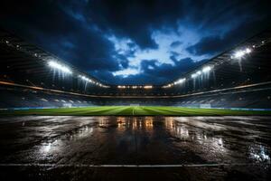 ai generiert Fußball Stadion beim Nacht foto