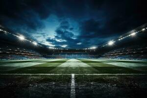 ai generiert Fußball Stadion beim Nacht foto