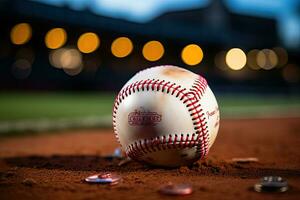 ai generiert Sport Stadion mit Baseball Ball beim Nacht Hintergrund zum Hintergrund Werbung foto