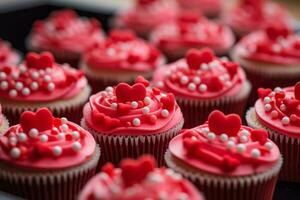 ai generiert Cupcakes mit Dekorationen, mit Sahne Käse und Glasur zum Valentinstag Tag. generativ ai foto