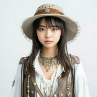 ai generiert ein Porträt von japanisch Mädchen tragen Jahrgang Blumen- drucken maxi Kleid, generativ ai. foto