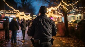 ai generiert Sicherheit bewachen im das Stadt beim Nacht. selektiv Fokus auf das Polizei foto