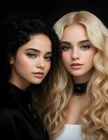 ai generiert Schönheit Modelle - - zwei Mädchen mit gesund lockig Haar, Mode, und Kosmetika. foto