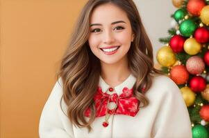 ai generiert genießen das Weihnachten Charme mit ein Porträt von ein froh, lächelnd Mädchen. foto