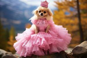ai generiert süß wenig Chihuahua im Prinzessin Kleid Sitzung auf das Felsen, bezaubernd Hund im ein Rosa Barbie Kostüm, ai generiert foto