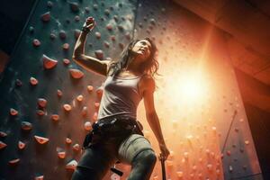 ai generiert jung Frau Klettern auf künstlich Felsen Mauer drinnen. Sport und Bouldern Konzept, aktiv jung sportlich Frau üben Felsen Klettern auf Innen- Klettern Wand, ai generiert foto