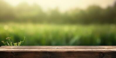 ai generiert Holz Deck mit Grün Gras Hintergrund, foto