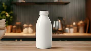 ai generiert Weiß Milch Flasche mit leer Vorderseite, realistisch auf ein Attrappe, Lehrmodell, Simulation Vorlage im ein hölzern Tabelle foto