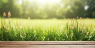 ai generiert Holz Deck mit Grün Gras Hintergrund, foto