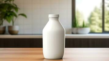 ai generiert Weiß Milch Flasche mit leer Vorderseite, realistisch auf ein Attrappe, Lehrmodell, Simulation Vorlage im ein hölzern Tabelle foto