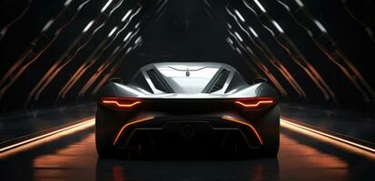 ai generiert das Rückseite von ein futuristisch Sport Auto ist gezeigt im das dunkel, foto