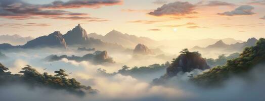 ai generiert Sonnenaufgang Über das nebelig Berge, foto
