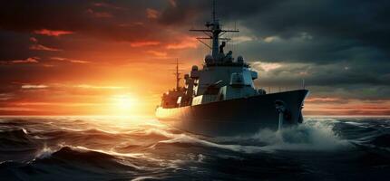 ai generiert Militär- Schiff im das Ozean beim Sonnenuntergang, foto