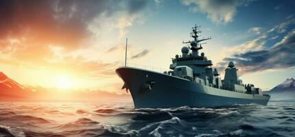 ai generiert Militär- Schiff im das Ozean beim Sonnenuntergang, foto