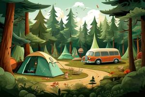 ai generiert Camping im das Wald mit ein Auto und ein Zelt. Vektor Illustration, Abenteuer, Zelte und Autos im das Park Wald, ai generiert foto