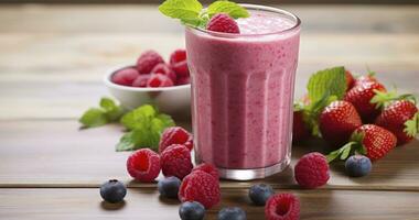 ai generiert Himbeere Erfrischung - - Himbeere Smoothie mit frisch Beeren auf ein hölzern Tabelle foto