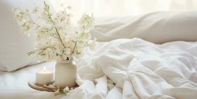 ai generiert Bild von ein Bett mit Weiß Decken, foto