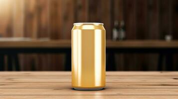 ai generiert Gold Bier können mit leer Vorderseite, realistisch auf ein Attrappe, Lehrmodell, Simulation Vorlage im ein Tabelle im ein irisch Kneipe, foto