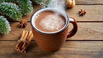 ai generiert heiß Kakao trinken im braun Becher mit Zimt, Süssigkeit, Weihnachten Winter Stimmung, auf hölzern Tabelle foto