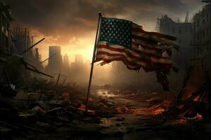 ai generiert amerikanisch Flagge auf das Hintergrund von ein zerstört Stadt. 3d machen, ein einsam winken Flagge im ein Schlachtfeld gefüllt mit beschädigt Gebäude, ai generiert foto