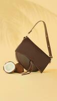 braun Leder Hand Tasche mit Kokosnuss unter lapm Schatten foto