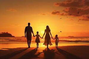 ai generiert Silhouette von glücklich Familie auf das Strand beim schön Sonnenuntergang, ein glücklich Familie im Spaziergänge Hand im Hand Nieder ein Paradies Strand während Sonnenuntergang, ai generiert foto