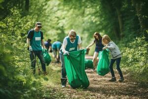 ai generiert Gruppe von Freiwillige pflücken oben Müll im das Wald. Recycling Konzept, ein Gruppe von heiter Freiwillige, jung und alt, funktioniert zusammen zu sauber oben das Umfeld, ai generiert foto