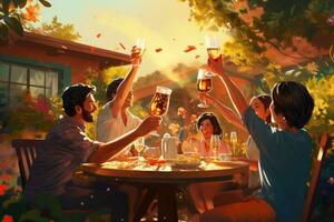 ai generiert Gruppe von freunde Toasten mit Brille von Bier auf ein Terrasse, ein Gruppe von freunde Toasten mit Bier beim ein Sommer- grillen, ai generiert foto