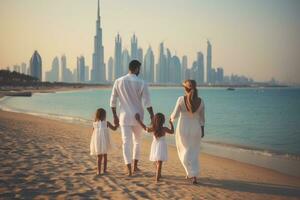 ai generiert glücklich Familie von drei Gehen auf das Strand mit Dubai Stadt Horizont im das Hintergrund, ein Familie Eltern mit ihr Kinder Gehen auf das Strand im das Ferien im Dubai Vereinigte Arabische Emirate, ai generiert foto