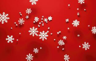 ai generiert Weihnachten Schneeflocken fallen im rot Hintergrund mit Weiß Schneeflocken fallen, foto