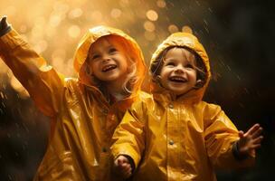 ai generiert Kinder im Regenmäntel genießen sich, foto