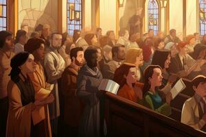 ai generiert Illustration von ein religiös Christian Szene im ein Kirche mit Menschen um, ein Gemeinde Teilen das Frieden von Christus während ein Kirche Service, ai generiert foto