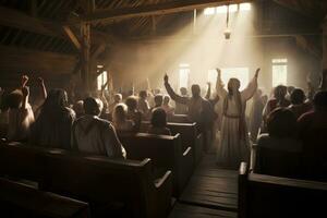 ai generiert Silhouetten von Menschen im ein Kirche während ein religiös Feier, ein Gemeinde Teilen das Frieden von Christus während ein Kirche Service, ai generiert foto