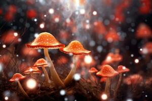 ai generiert Magie Pilze im das Wald mit Bokeh Wirkung. 3d Wiedergabe, 3d Illustration von ein abstrakt Hintergrund mit Bokeh Beleuchtung und Pilze, ai generiert foto