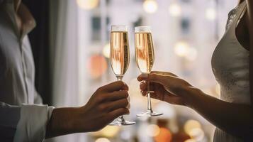 ai generiert ein Mann und Frau Teilen ein Toast mit Champagner im ein Moment von Freude foto