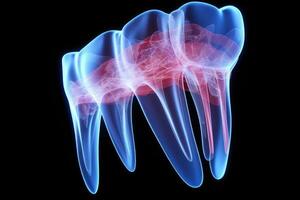 ai generiert Digital Illustration von Molar Zahn im Blau Farbe isoliert auf schwarz Hintergrund, 3d machen von Kiefer Röntgen mit Schmerz Zahn, ai generiert foto