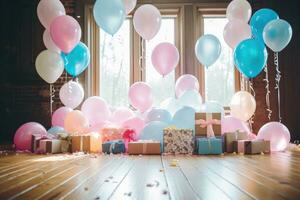 ai generiert bunt Luftballons und Geschenk Kisten auf das hölzern Fußboden im das Zimmer, ein bunt Geschlecht verraten Feier mit Luftballons und die Geschenke auf ein hölzern Boden, ai generiert foto