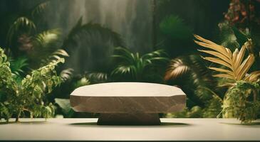 ai generiert ein abstrakt Stein auf ein Tabelle umgeben durch tropisch Pflanzen, foto