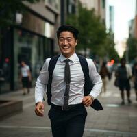 ai generiert ein asiatisch Mann im ein Krawatte läuft auf ein Stadt Straße, foto