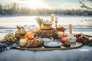 ai generiert Weihnachten Abendessen draußen, mit ein Gourmet Picknick Verbreitung mit Geschirr mögen geräuchert Lachs, Champagner infundiert Salate, und handwerklich brot, festlich Decken foto