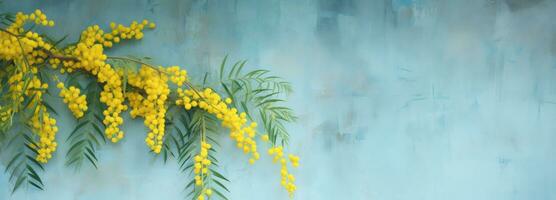 ai generiert ein Gelb Mimose mit Grün Blätter wachsend oben auf ein Blau Wand, foto