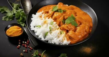 ai generiert das verlockend Kombination von indisch Butter Hähnchen Curry und Basmati Reis. traditionell hausgemacht Essen Konzept foto