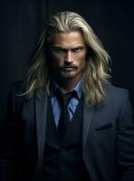ai generiert ein Mann mit lange blond Haar und Blau Anzug, foto