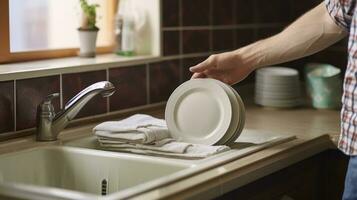 ai generiert ein des Mannes Hand Polieren ein sauber Teller mit ein Handtuch im ein Jahrgang Küche Rahmen foto