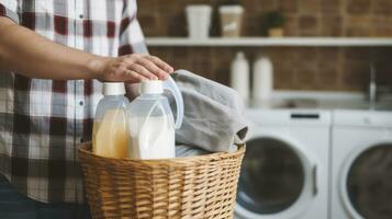 ai generiert ein Wäsche Korb voll mit frisch sauber Handtücher in der Nähe von ein Mann Hand und Flasche von Flüssigkeit Waschmittel Pulver waschen foto