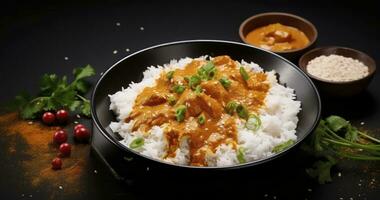 ai generiert genießen das Reich Aromen von indisch Butter Hähnchen Curry mit aromatisch Basmati Reis. traditionell hausgemacht Essen Konzept foto