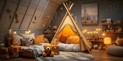 ai generiert ein süß jung Jungs Zimmer mit ein Tipi, Liegen und Bären, foto