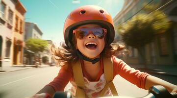 ai generiert ein süß Mädchen tragen ein Helm auf ihr Fahrrad Reiten Nieder das Straße, foto