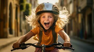 ai generiert ein süß Mädchen tragen ein Helm auf ihr Fahrrad Reiten Nieder das Straße, foto